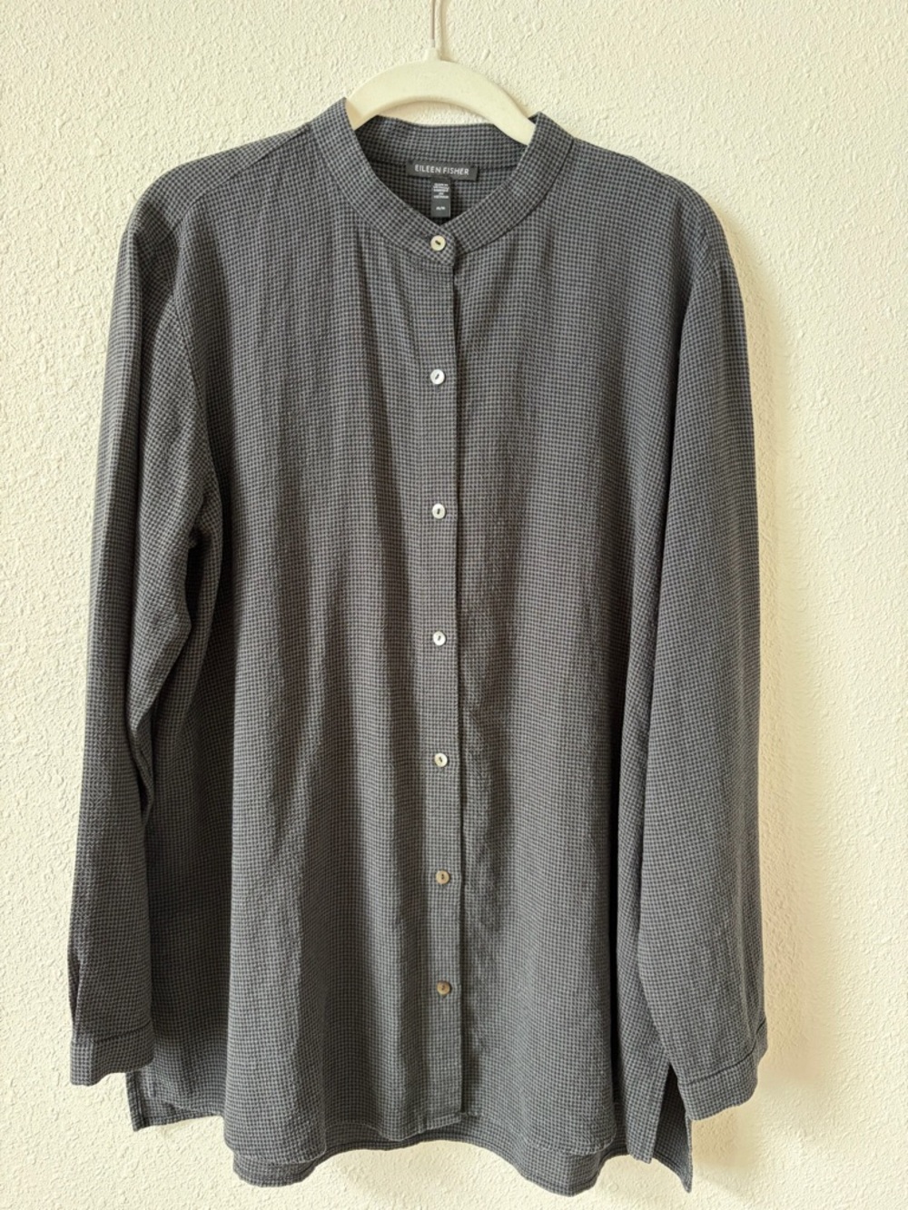 Eileen Fisher 100% Lyocell Mandarin Collar Tunic Top Houndstooth Size Medium